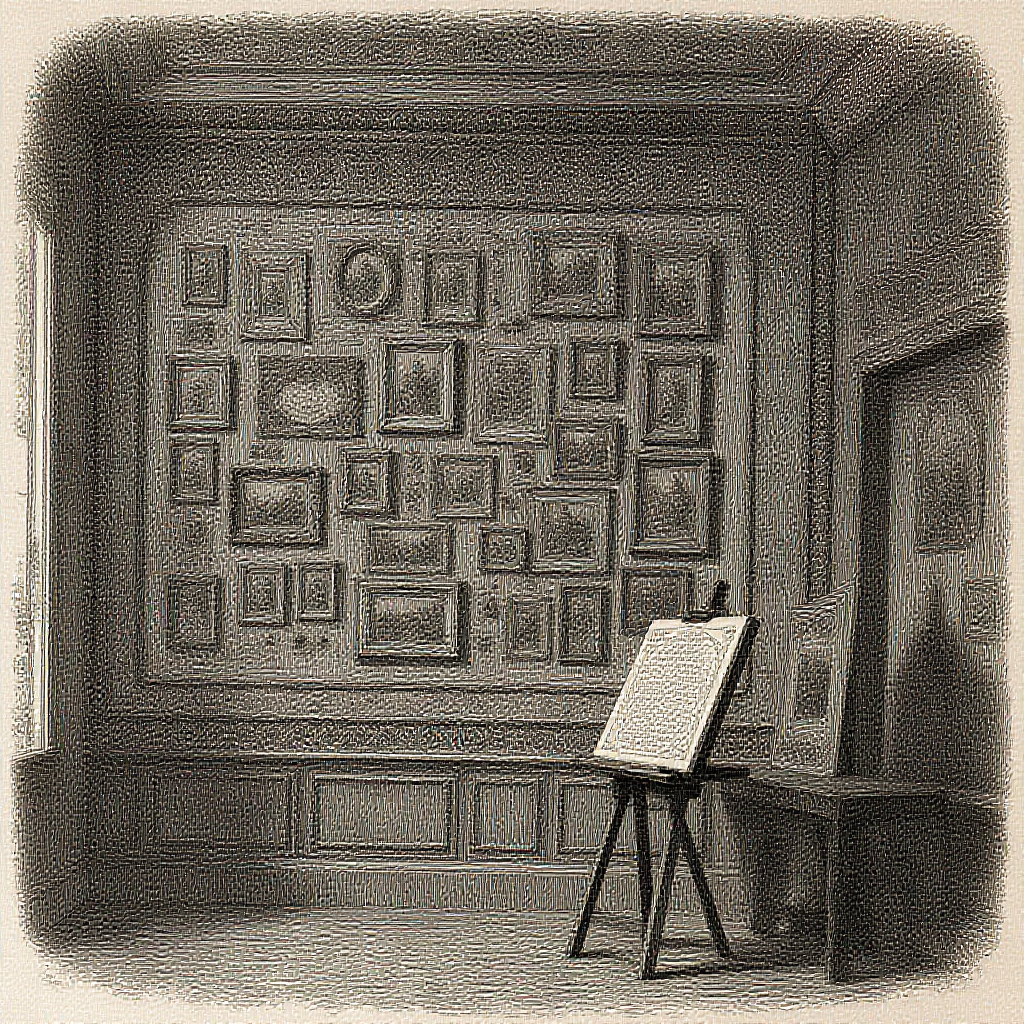 Engraved gallery wall with framed works
